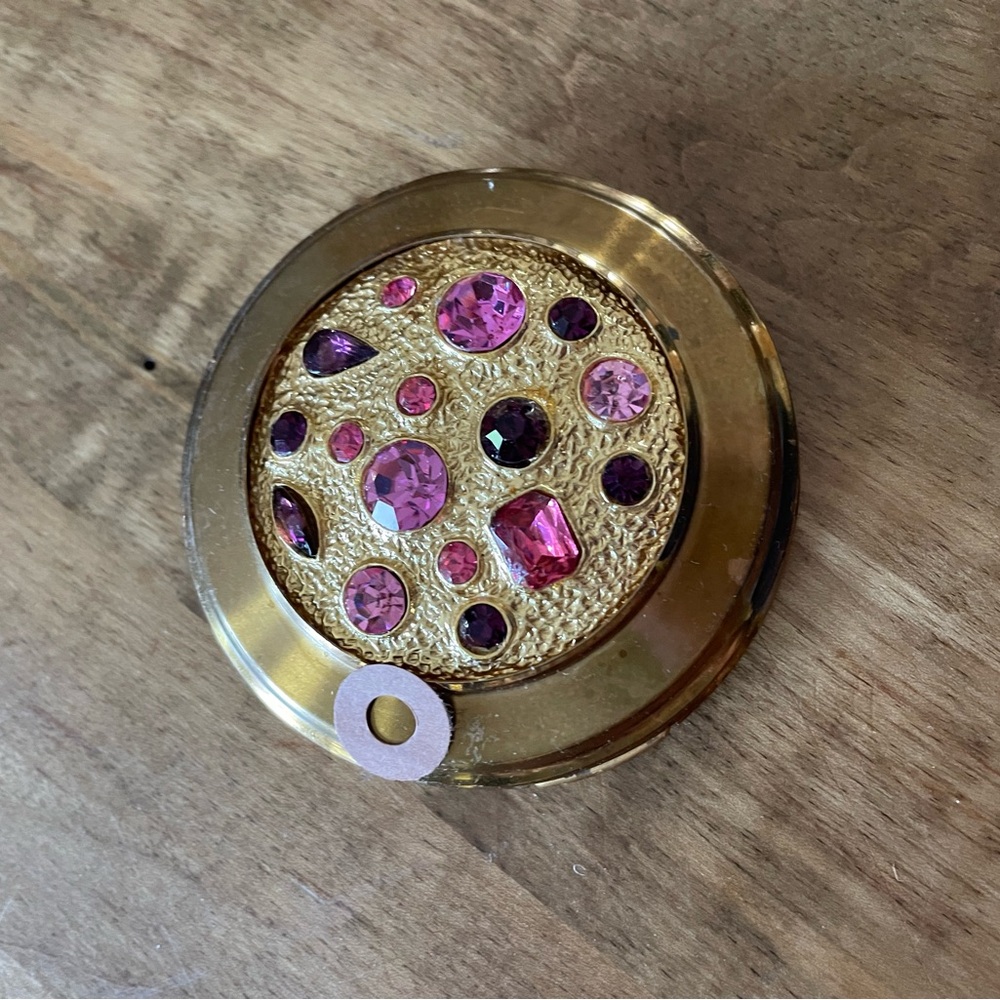 Mid- Century  makeup compact with Pink and Purple Gems. Made in England